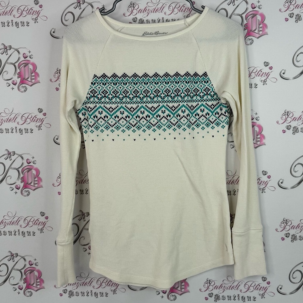 Eddie Bauer long sleeve thermal waffle knit Cream Blue Patterned Long Sleeve Top